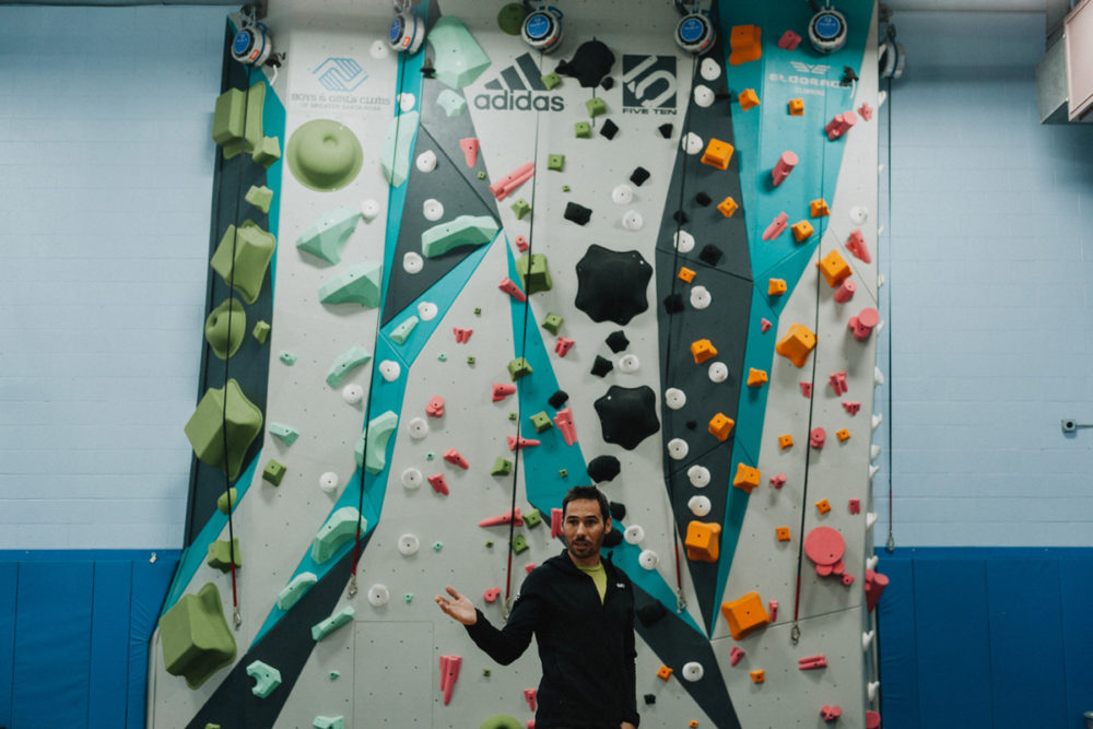 1climb co founder kevin jorgeson is shown in front of the santa rosa 1climb wall